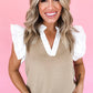 Pale Khaki Contrast V Neck Ruffled Textured Knit Top