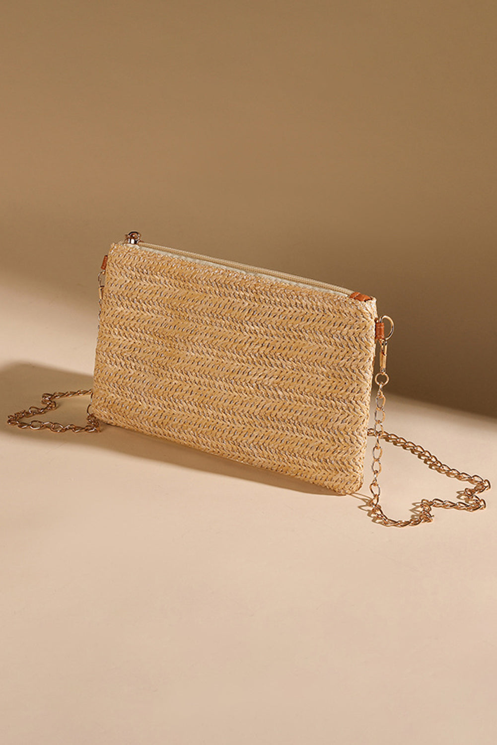 Oatmeal Straw Woven Zipper Chain Shoulder Bag