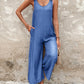 Buttoned Wide Leg Suspender Jumpsuit