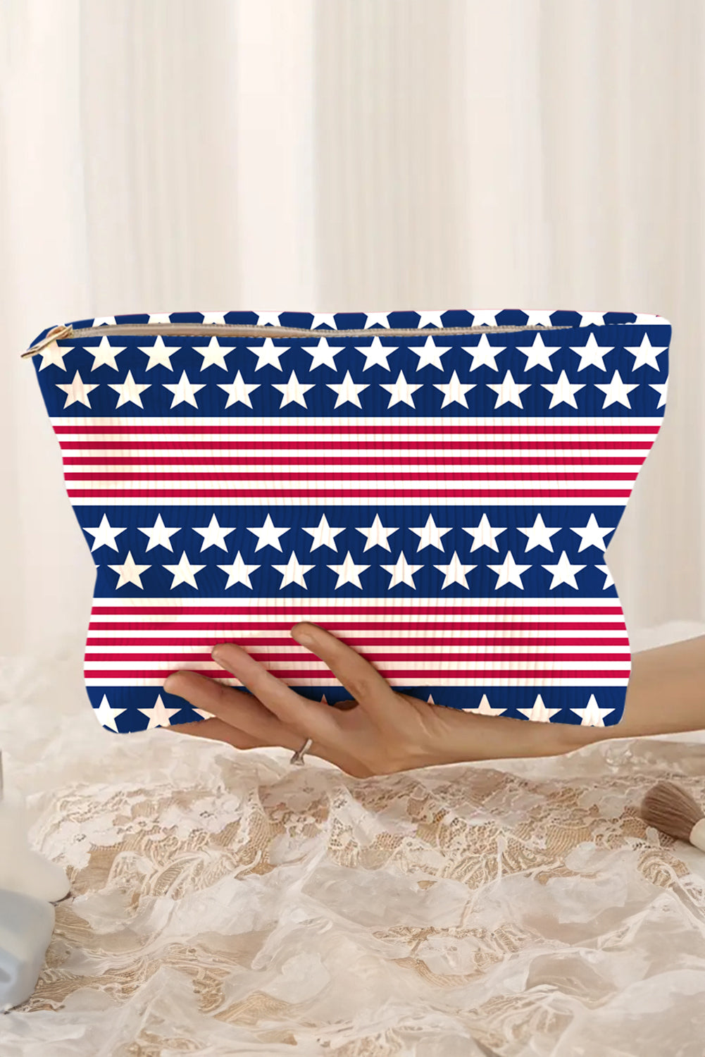 Ivy American Flag Print Zipper Large Cosmetic Bag