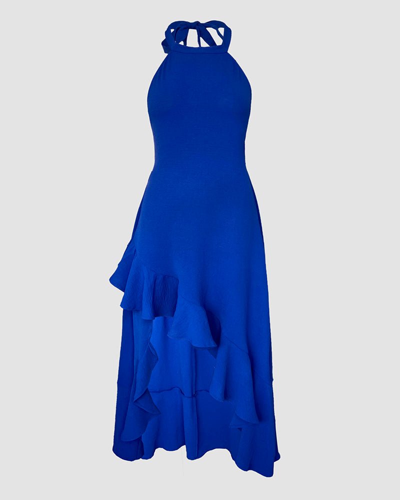 Halter Sleeveless A Line Dress Casual Ruffles Side Slit Maxi Dress