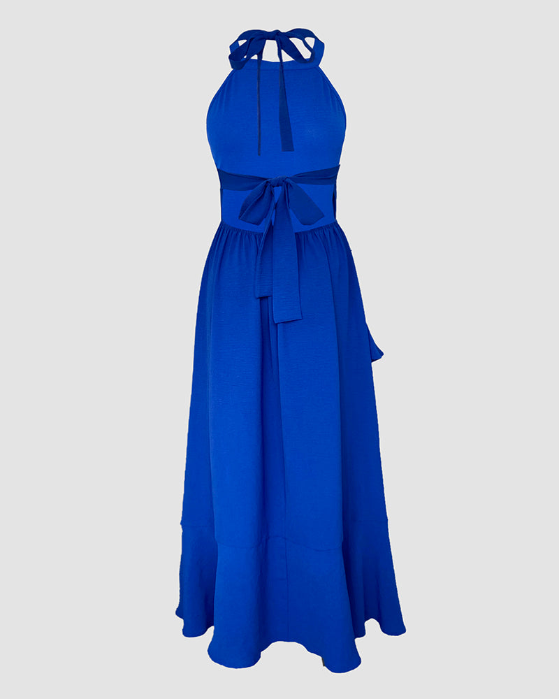 Halter Sleeveless A Line Dress Casual Ruffles Side Slit Maxi Dress