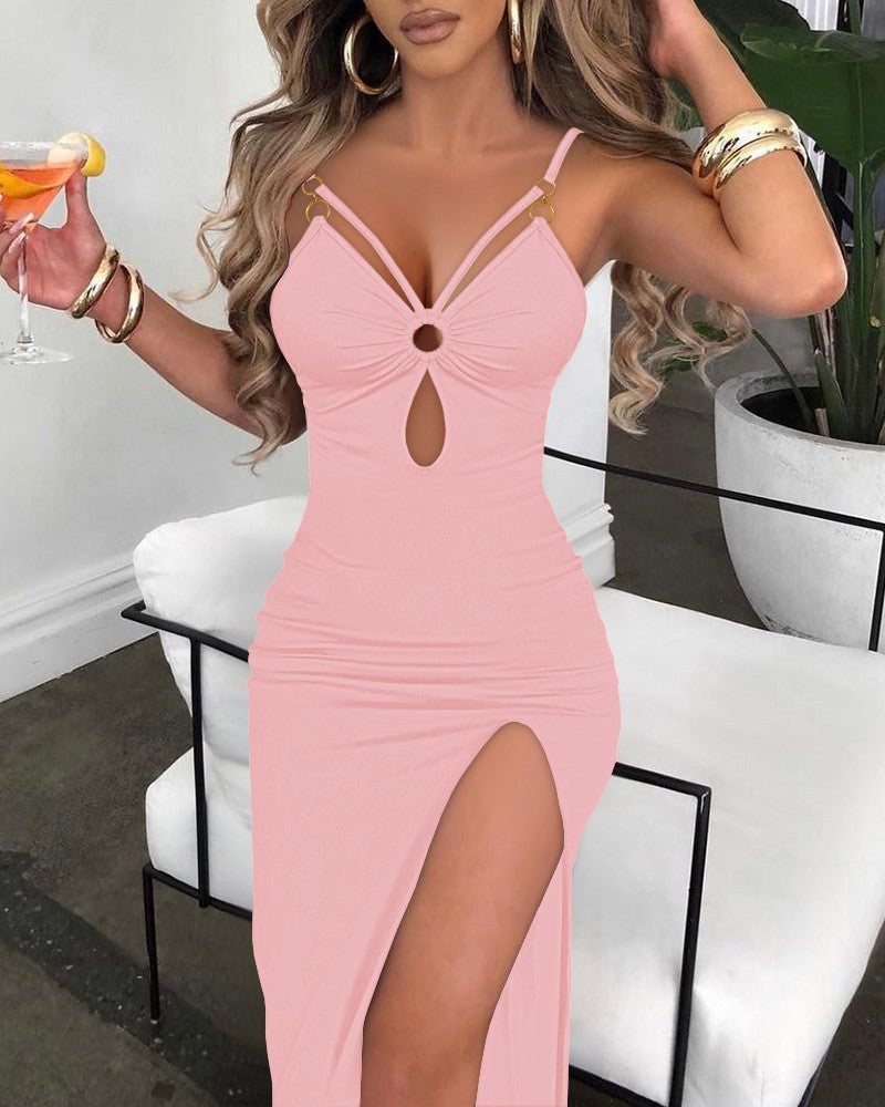 Casual Sleeveless Hollow Out Bodycon Dress Side High Slit Slim Fit Party Slip Dresses