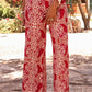 Red Paisley Printed Buttoned High Waist Straight Leg Pants