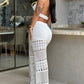 2 Pieces Halter Sleeveless Crop Top and Casual Hollow out Loose Fit Pants Set