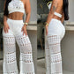 2 Pieces Halter Sleeveless Crop Top and Casual Hollow out Loose Fit Pants Set