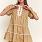 Pale Khaki Contrast Trim Pintuck Puff Sleeve Tied Neck Short Dress