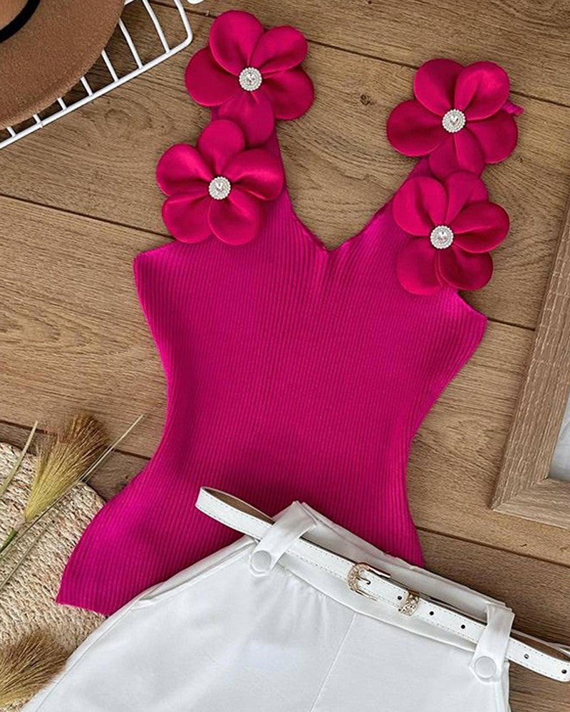 Floral Pattern Beaded Rhinestone Tank