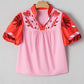 Pink Floral Embroidered Notch V Neck Puff Sleeve Babydoll Blouse
