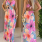 Floral Print V Neck Hollow out Spaghetti Strap Dress Elastic Waist Back Tied Detail Slit Maxi Dress