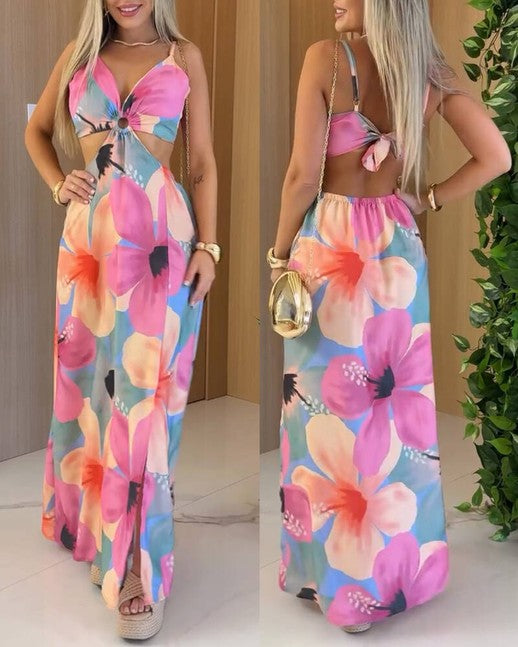 Floral Print V Neck Hollow out Spaghetti Strap Dress Elastic Waist Back Tied Detail Slit Maxi Dress