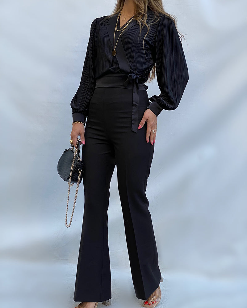 Overlap V Neck Tied Detail Cinched Waist Blouse Casual Textured Satin Top