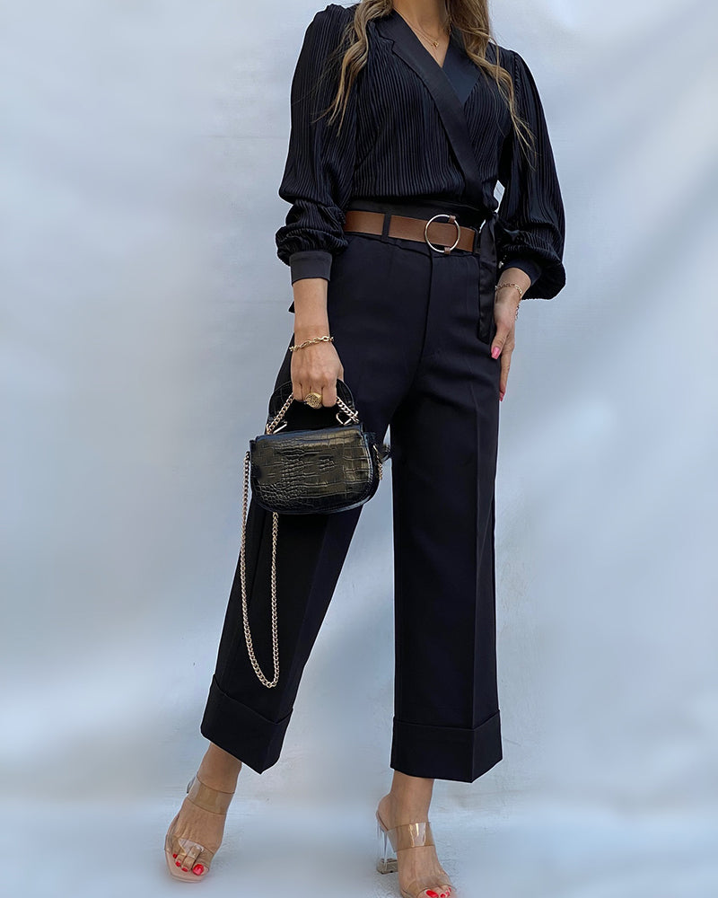 Overlap V Neck Tied Detail Cinched Waist Blouse Casual Textured Satin Top