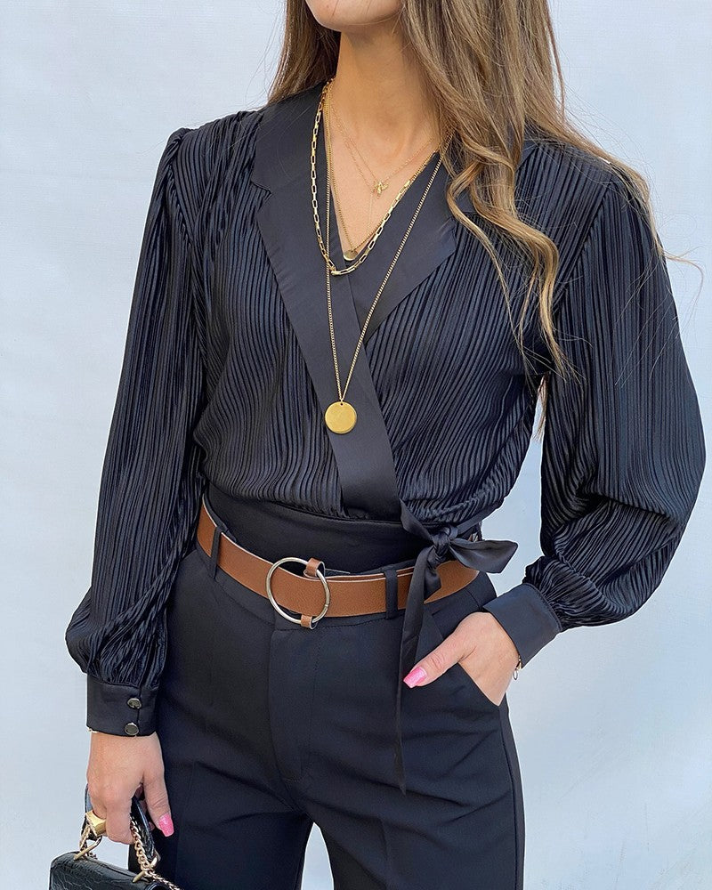 Overlap V Neck Tied Detail Cinched Waist Blouse Casual Textured Satin Top