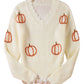 Beige Cable Knit Pumpkin Raw Hem V Neck Loose Sweater