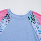 Sky Blue Leopard Print Patch Colorblock Plus Size T Shirt