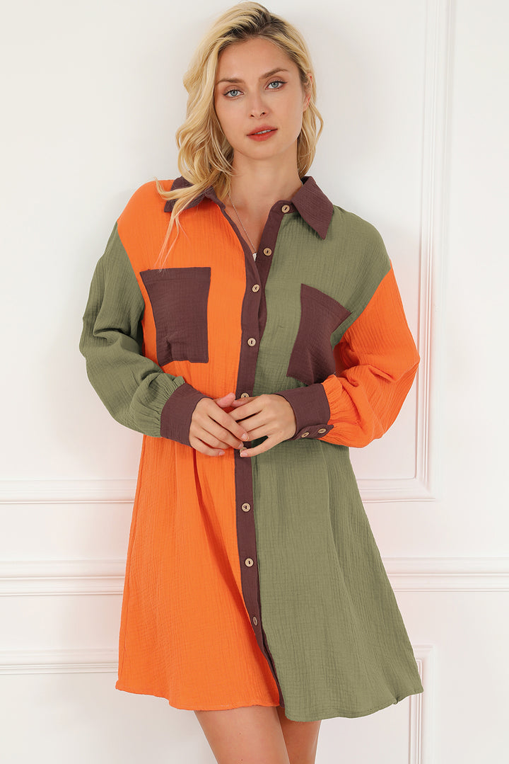 Brown Oversized Colorblock Crinkle Textured Shirt Dress