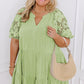 Laurel Green Floral Crochet Short Sleeve Notch V Neck Tiered Plus Size Mini Dress