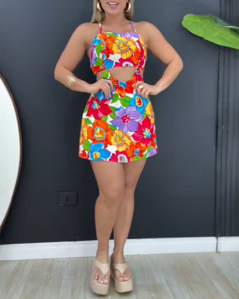 Floral Print Bowknot Decor Spaghetti Strap Skort Romper Casual Hollow out Slim Fit Jumpsuit