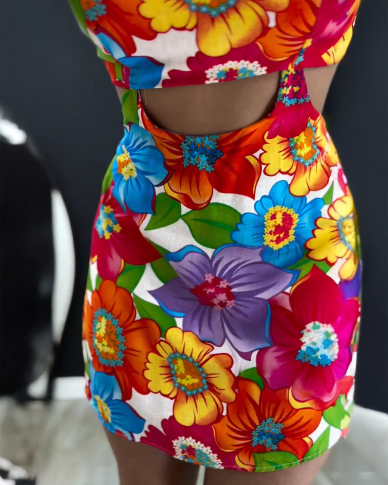 Floral Print Bowknot Decor Spaghetti Strap Skort Romper Casual Hollow out Slim Fit Jumpsuit