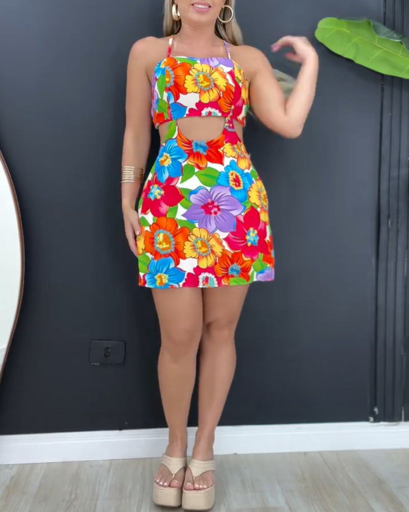 Floral Print Bowknot Decor Spaghetti Strap Skort Romper Casual Hollow out Slim Fit Jumpsuit