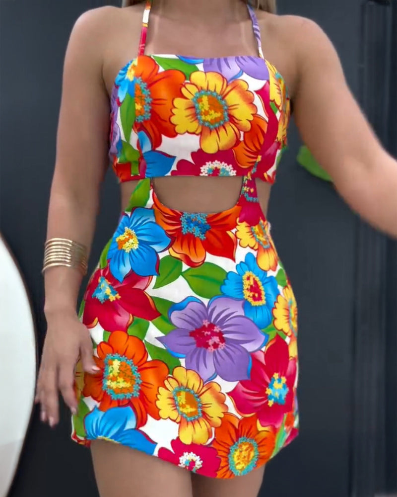 Floral Print Bowknot Decor Spaghetti Strap Skort Romper Casual Hollow out Slim Fit Jumpsuit