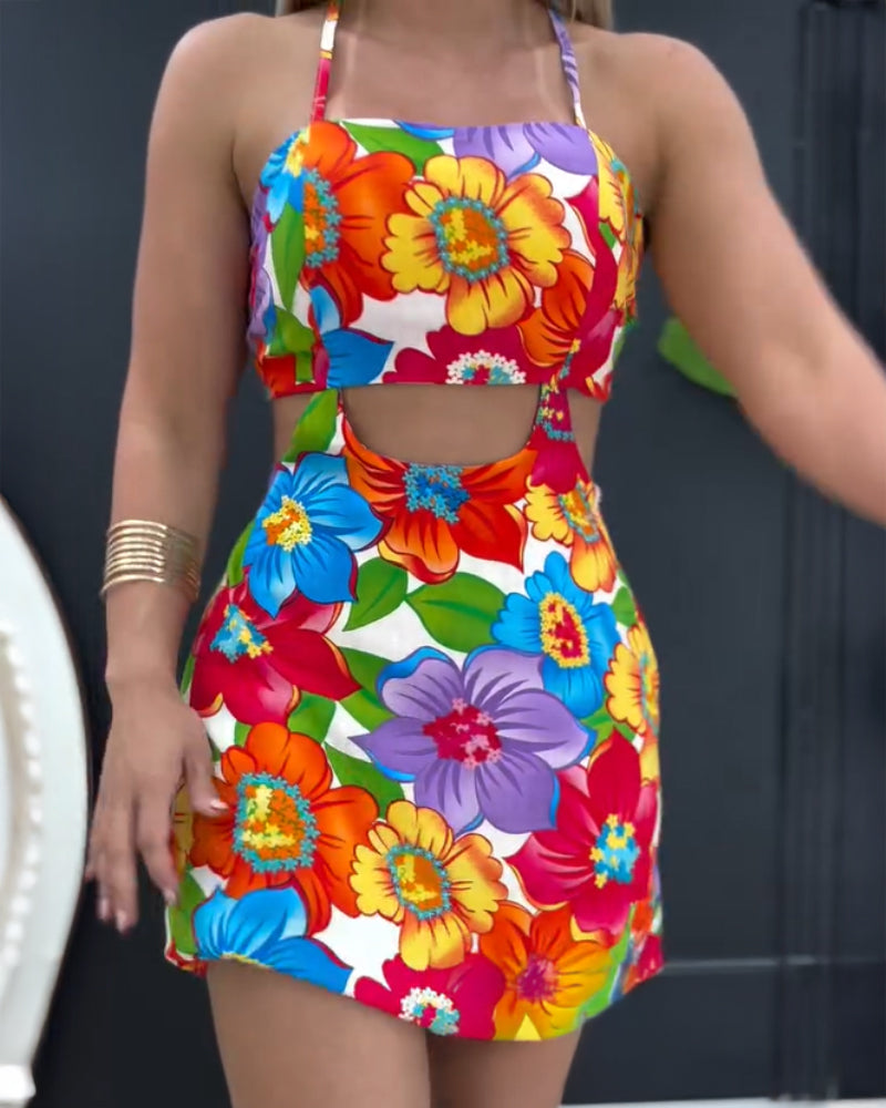 Floral Print Bowknot Decor Spaghetti Strap Skort Romper Casual Hollow out Slim Fit Jumpsuit