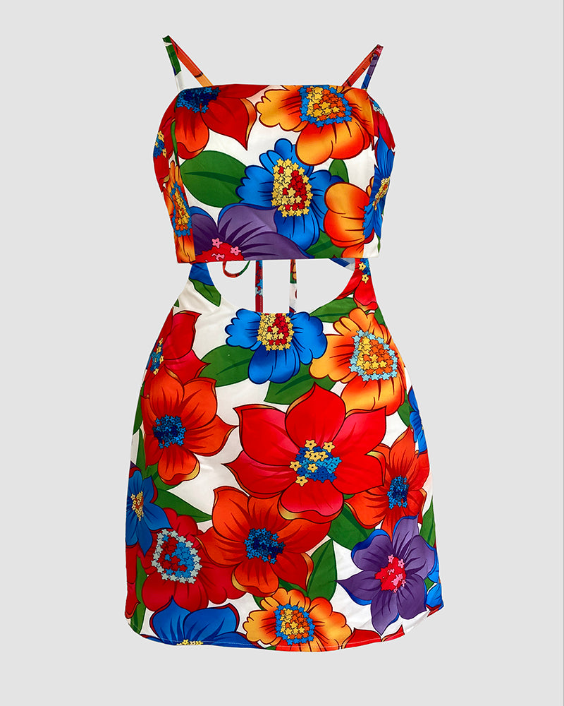 Floral Print Bowknot Decor Spaghetti Strap Skort Romper Casual Hollow out Slim Fit Jumpsuit