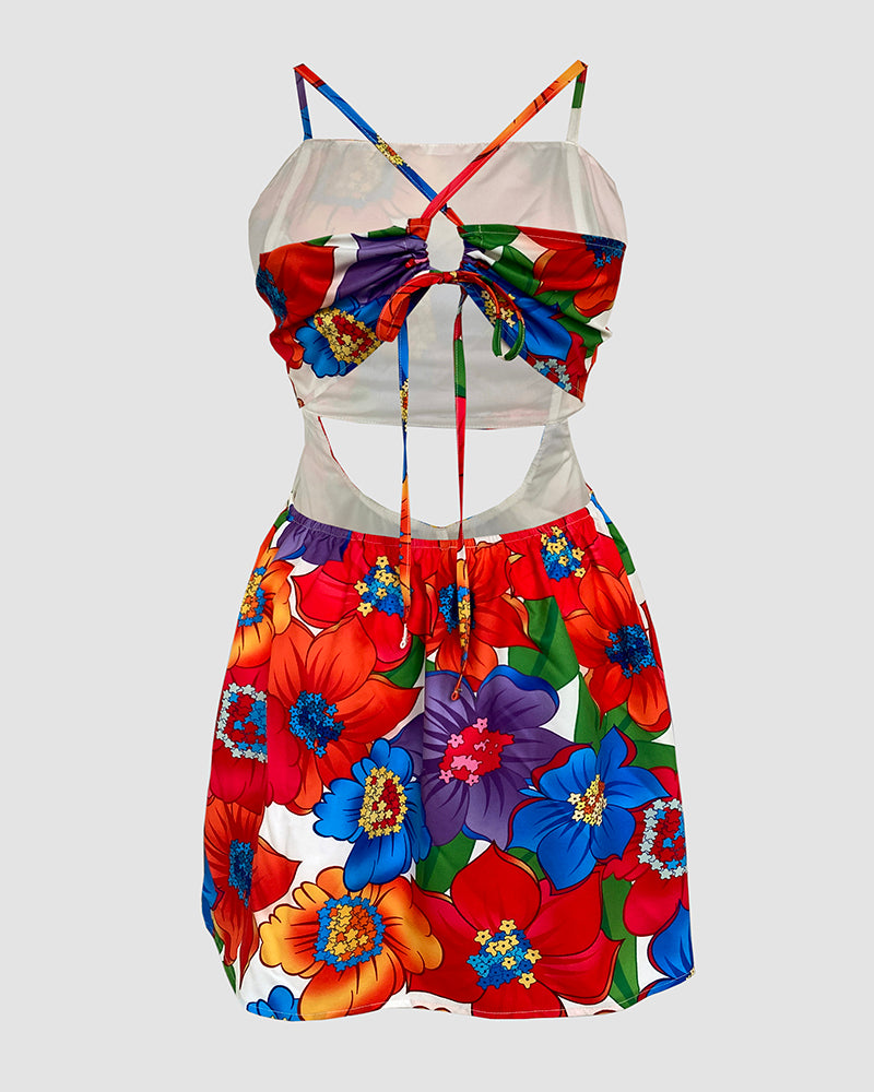 Floral Print Bowknot Decor Spaghetti Strap Skort Romper Casual Hollow out Slim Fit Jumpsuit