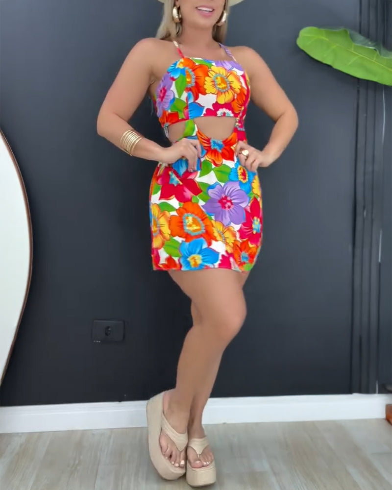 Floral Print Bowknot Decor Spaghetti Strap Skort Romper Casual Hollow out Slim Fit Jumpsuit