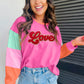 Rose Red Chenille Love Patched Colorblock Long Sleeve Crewneck Top