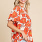 Orange Floral Bubble Sleeve Frill Neck Loose Blouse