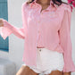 Stand Collar Lantern Sleeve Beaded Lace Frill Hem Ruched Blouse Elegant Top