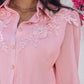 Stand Collar Lantern Sleeve Beaded Lace Frill Hem Ruched Blouse Elegant Top