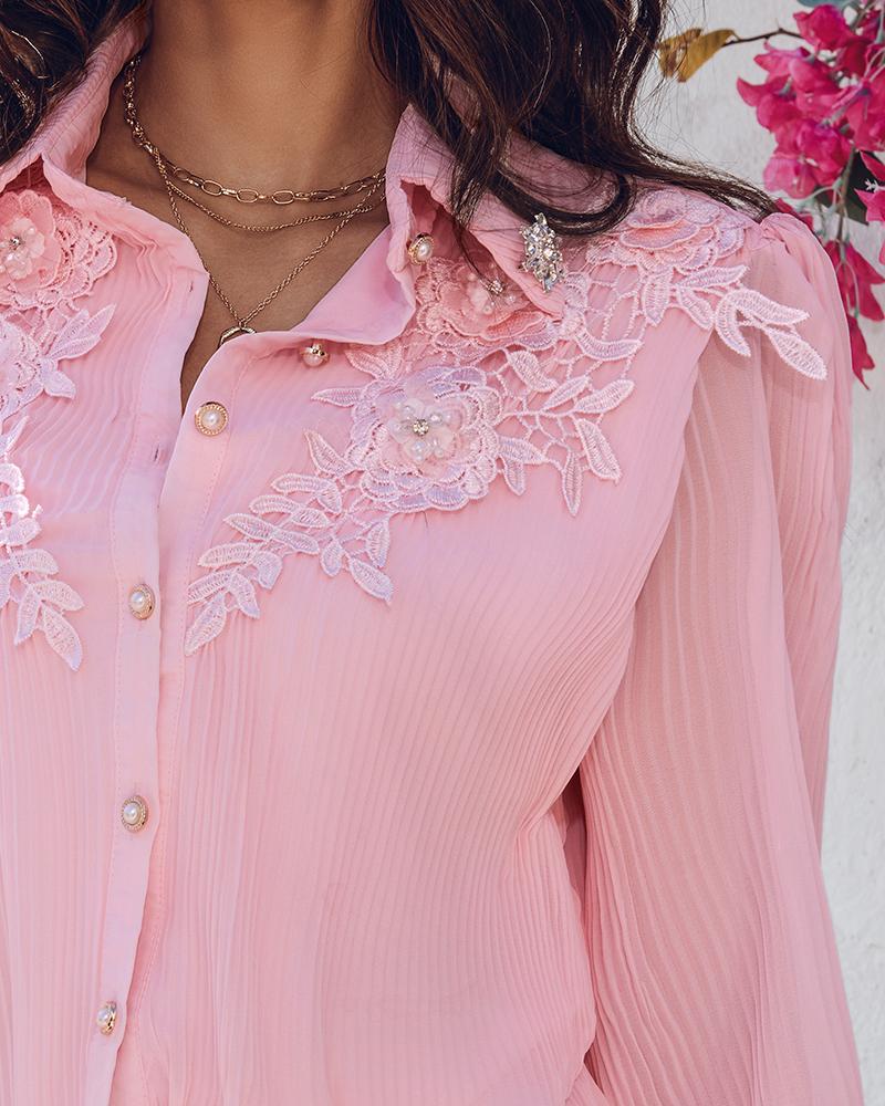 Stand Collar Lantern Sleeve Beaded Lace Frill Hem Ruched Blouse Elegant Top