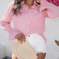 Stand Collar Lantern Sleeve Beaded Lace Frill Hem Ruched Blouse Elegant Top