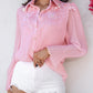 Stand Collar Lantern Sleeve Beaded Lace Frill Hem Ruched Blouse Elegant Top