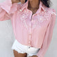 Stand Collar Lantern Sleeve Beaded Lace Frill Hem Ruched Blouse Elegant Top