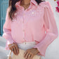 Stand Collar Lantern Sleeve Beaded Lace Frill Hem Ruched Blouse Elegant Top
