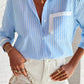 Sky Blue Stripe Contrast Patch Pocket Cuffed Sleeve Casual Shirt