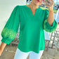 Green Contrast Floral Embroidered 3/4 Sleeve Notched V Neck Elegant Blouse