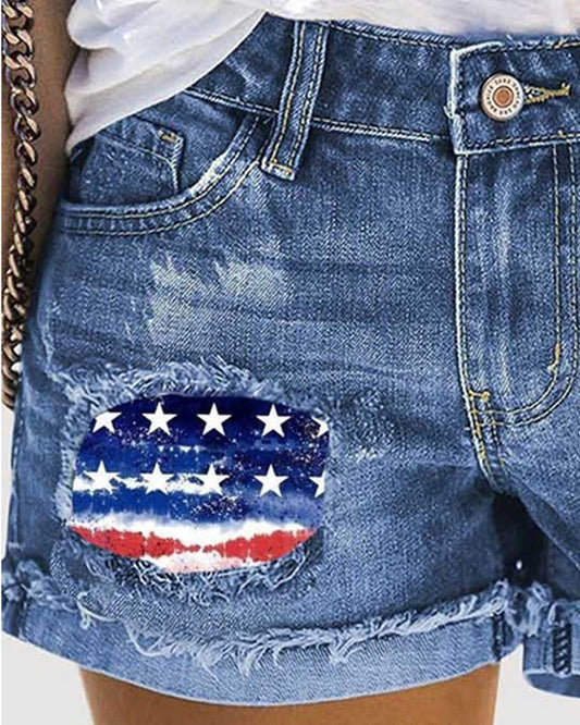 Independence Day Flag Print Ripped Raw Hem Denim Shorts