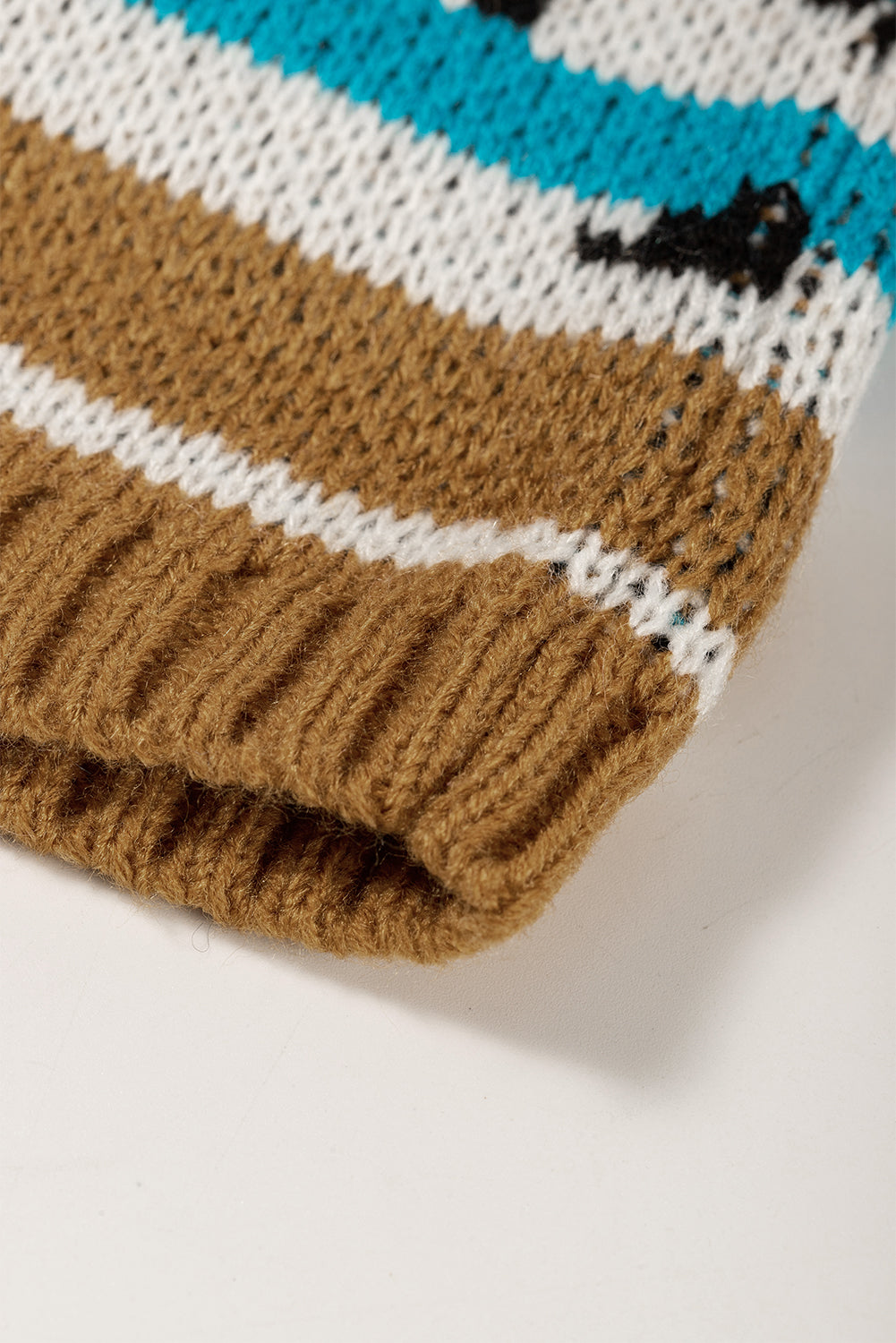 Brown Aztec Striped Knit Ribbed Trim Sweater