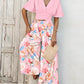 2 Pieces Outfit Plain V Neck Short Sleeve Ruched Top and Casual Floral Print Wide Leg Pants Set