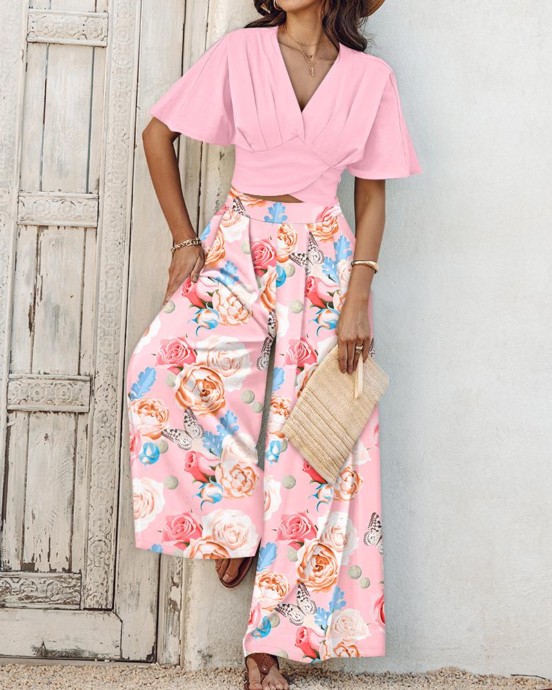 2 Pieces Outfit Plain V Neck Short Sleeve Ruched Top and Casual Floral Print Wide Leg Pants Set