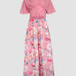2 Pieces Outfit Plain V Neck Short Sleeve Ruched Top and Casual Floral Print Wide Leg Pants Set