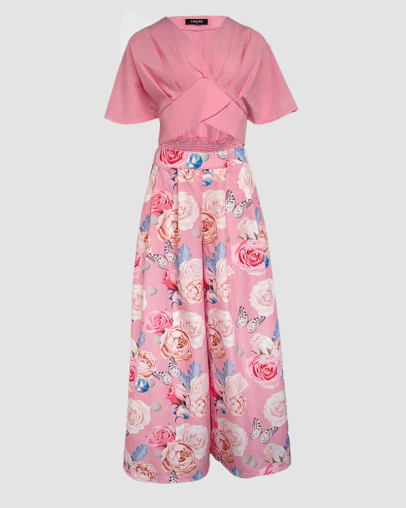 2 Pieces Outfit Plain V Neck Short Sleeve Ruched Top and Casual Floral Print Wide Leg Pants Set
