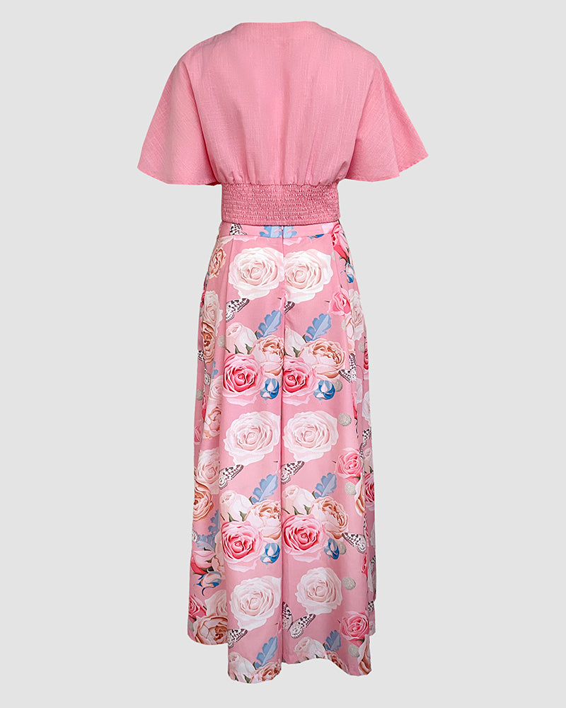2 Pieces Outfit Plain V Neck Short Sleeve Ruched Top and Casual Floral Print Wide Leg Pants Set