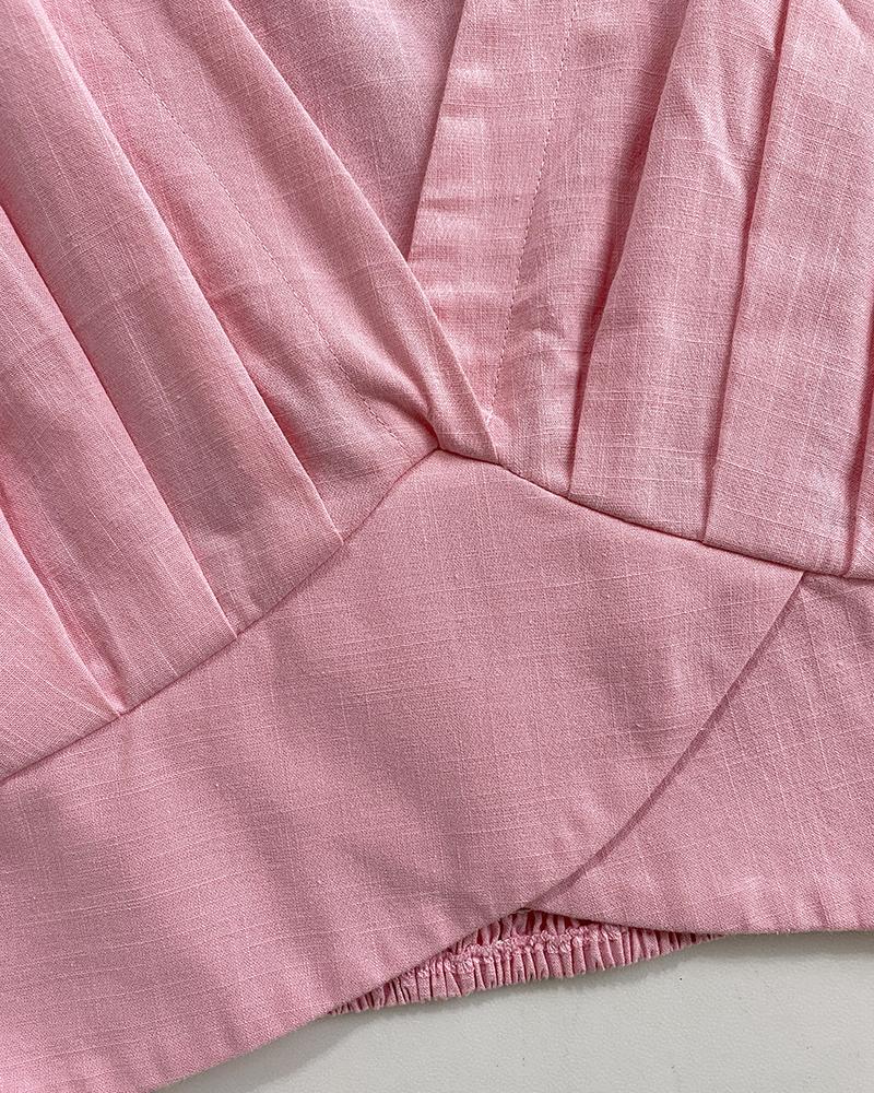 2 Pieces Outfit Plain V Neck Short Sleeve Ruched Top and Casual Floral Print Wide Leg Pants Set