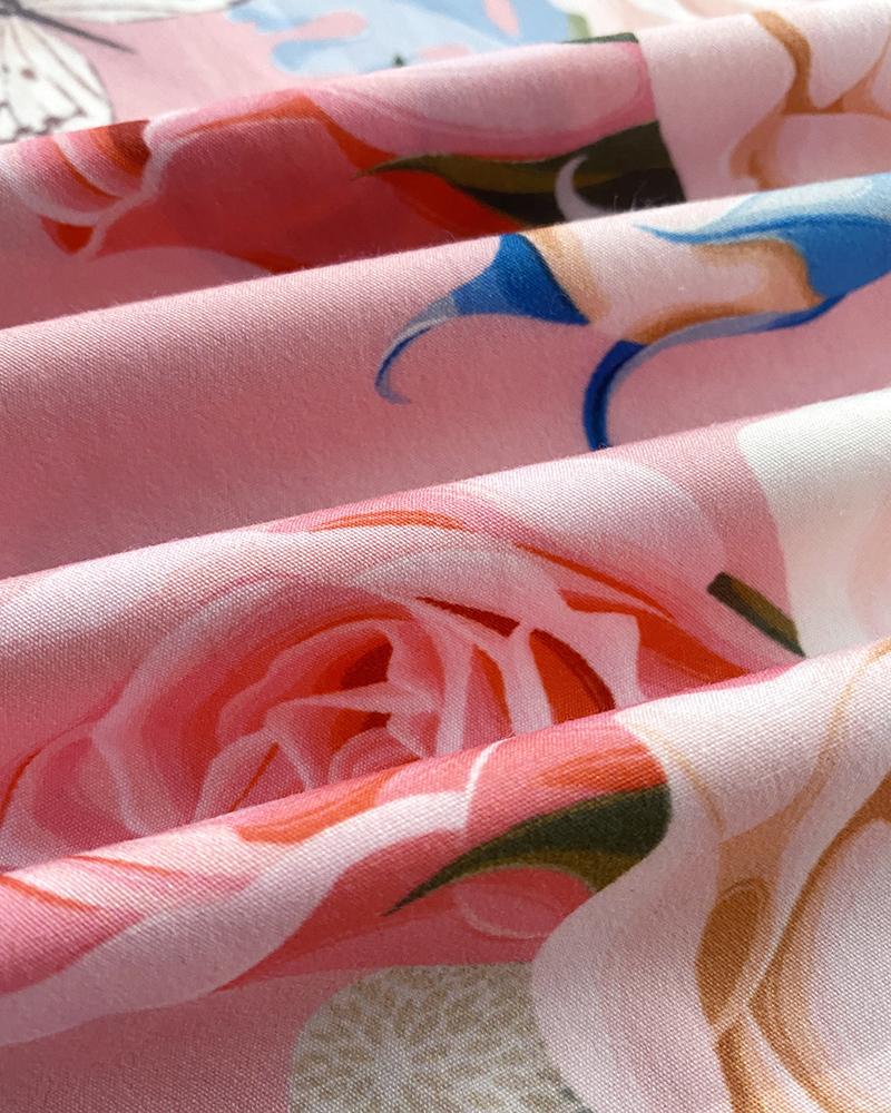 2 Pieces Outfit Plain V Neck Short Sleeve Ruched Top and Casual Floral Print Wide Leg Pants Set